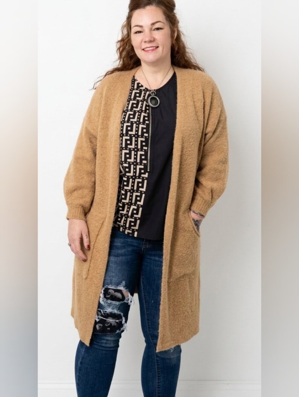 Universal Thread Heathered Tan Longline Cardigan Sweater Pockets Women Large